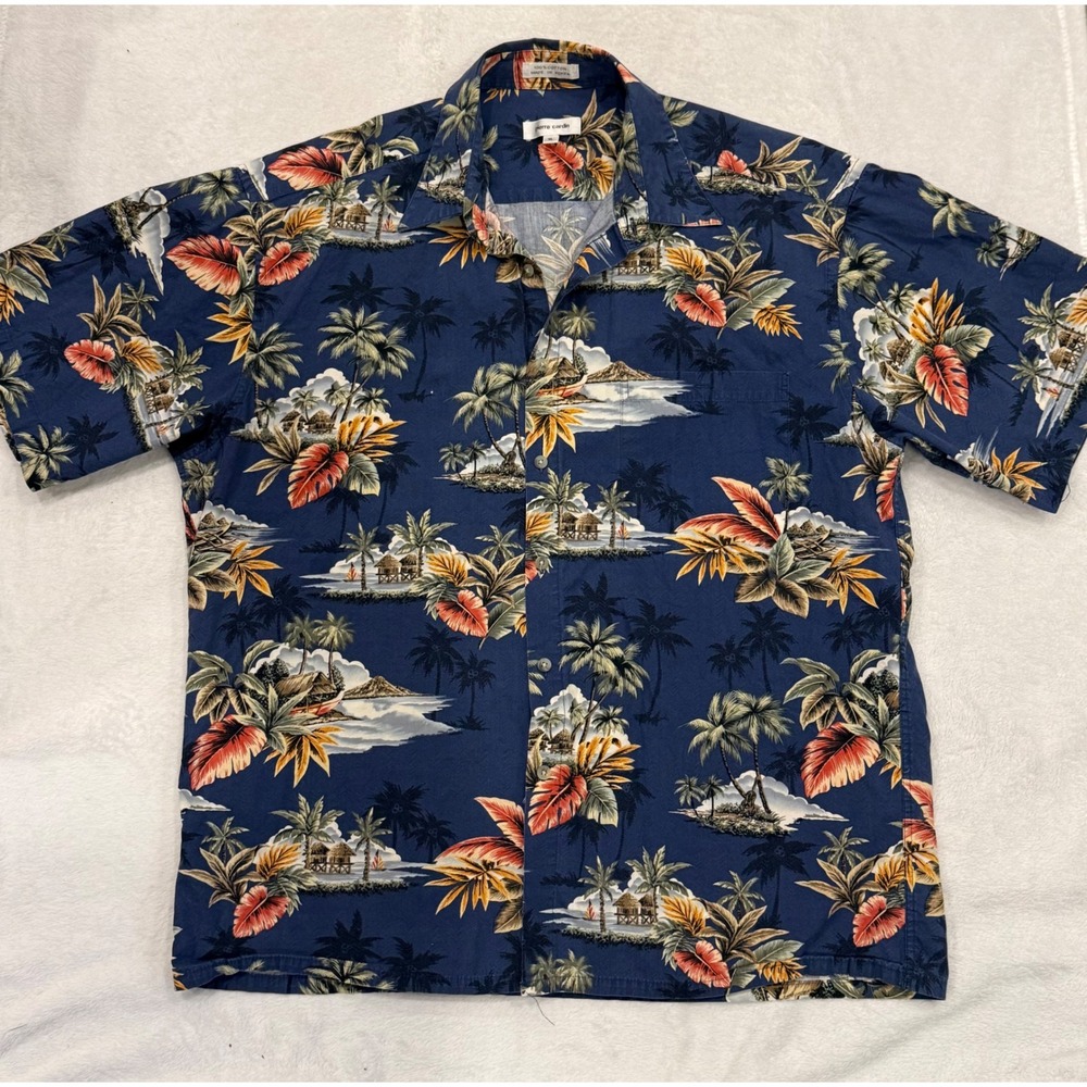 Pierre Cardin Mens XL Blue Tropical Palm Tree Island Print Cotton Aloha Shirt